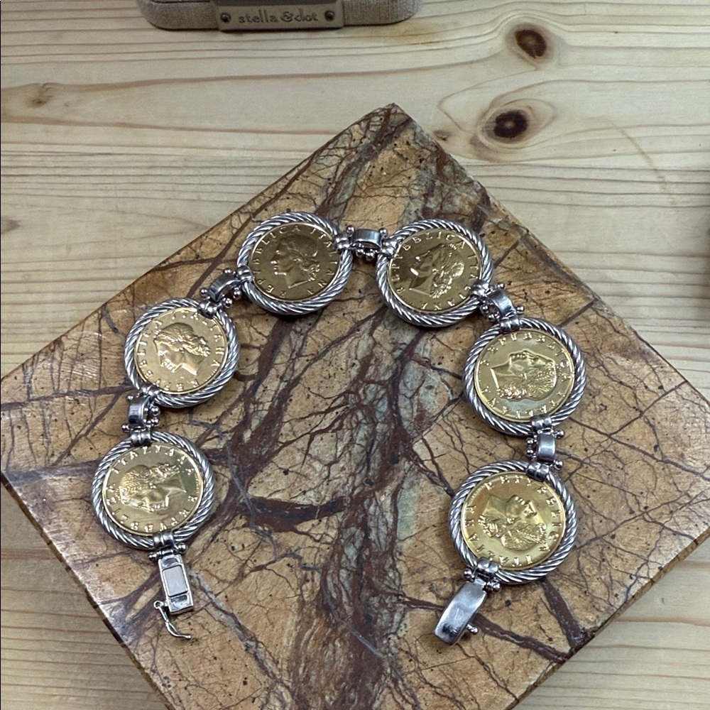 925 Sterling Silver 2-Tone Vintage 1981 Italy 20 Lire Bronzital Coin Bracelet - Picture 2 of 9
